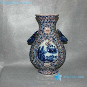 RYVK06 Blue & White Copper Red Deer Handle Vase 
