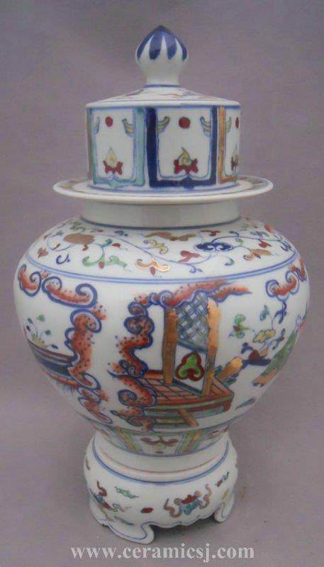 Blue white doucai gold paint boy porcelain temple jar with plate WRYPJ08