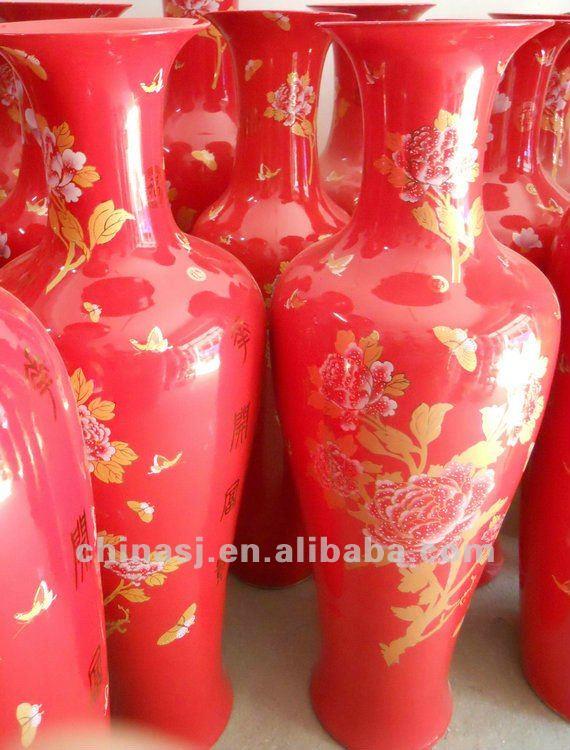 Chinese red floral design tall ceramic floor vase WRYKW09 Jingdezhen