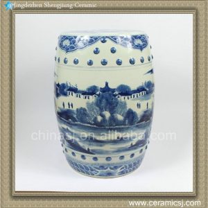 RZAJ02 H18.5" Blue and White Ceramic Stool, hand painted tree, village, fishing
