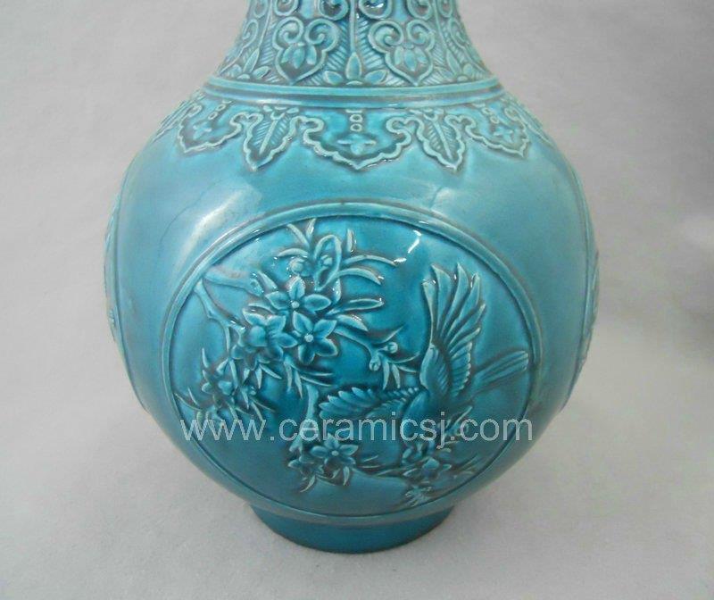 Qing dynasty blue glazed carved bird flower ceramic vase WRYRA03