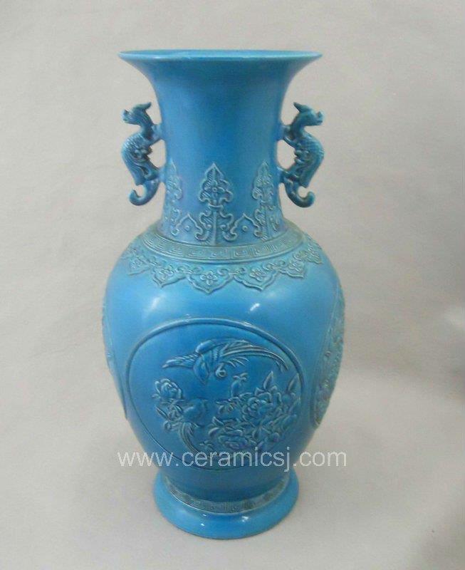 Qing dynasty blue glazed carved bird flower ceramic vase with handle WRYRA04