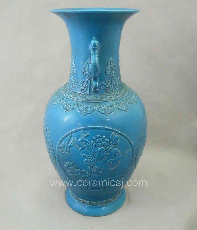 Qing dynasty blue glazed carved bird flower ceramic vase with handle WRYRA04