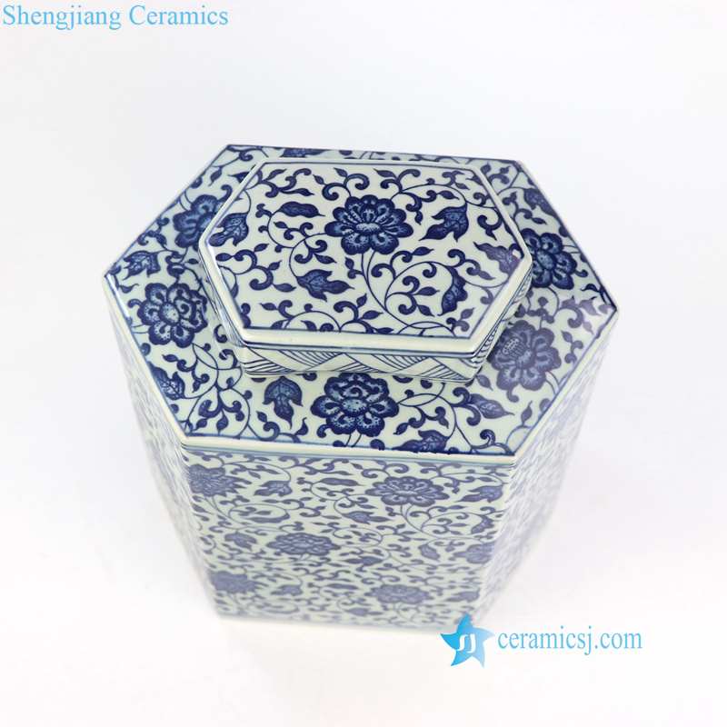 RYYN02 12"Blue and white floral design hexagon Jar