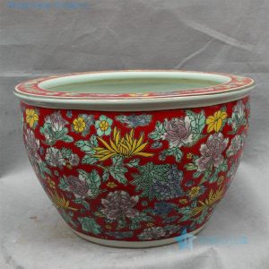 Red famille rose ceramic fish bowls floral design