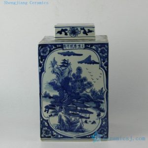 RYUK15 12" Qing dynasty reproduction blue white square hand painted ceramic jar lidded