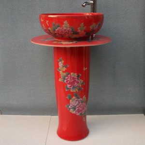 RYXW034 Chinese red flower design Ceramic Pedestal Lavatory Sink