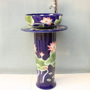 RYXW044 Engraved blue flower lotus design Ceramic Pedestal Lavatory Basin