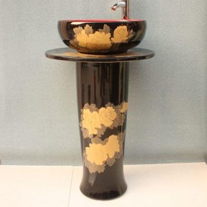RYXW073 Black red with gold flower design Ceramic pedestal washbasin