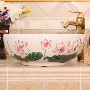 Waterlily design, white, yellow Ceramic Bathroom Sink