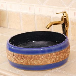 RYXW520 Color glazed with carved flower design Ceramic washbasins