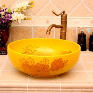 RYXW655 Yellow with gold flower design Oval ceramic vessel sink