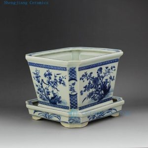 RZEX01-B 11.5" Flower bird Blue and white garden ceramic planter square shape with tray
