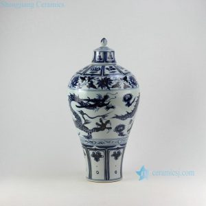 RZEZ11 19" Ming Reproduction blue and white dragon Mei vase with lid