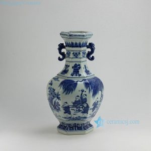 RYUK23 17.8" Children Play design 6 Sided Blue & White Vases
