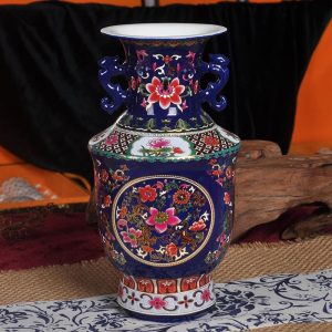 Colorful Chinese Floral with Handle Vases 