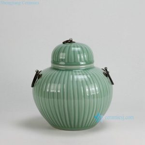 RYKB122-A H10" Ceramic Bamboo design Celadon Green Jars with Metal Ring Lid