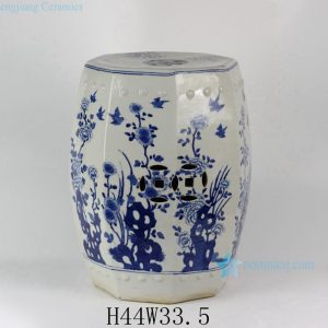 RYLU17-C 17" Blue & White Floral Bird design Octagon Ceramic Garden Stool
