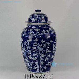 RYLU22 h19" Blue & White Bamboo Bird Ceramic Ginger Jar