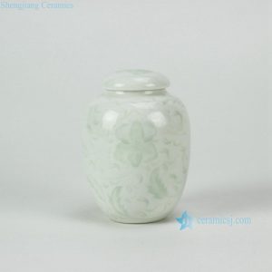 14AA04-C Celadon Hand Carved Floral Cearmic Tea Jar