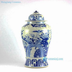 RYLU20-S Blue and white bird floral pattern antique temple jar