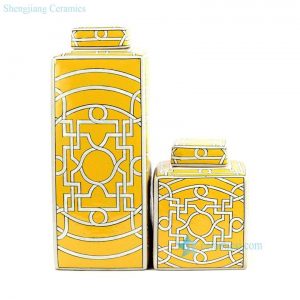 RYPU32 Mustard color glazed geometric line rectangular collection box jar