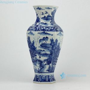RYUK28 Hexahedral hand painted landscape pattern blue and white tall vases wholesale 