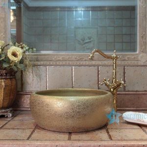 RYXW694 Hot sale golden round stamping floral surface hotel luxury ceramic washbasin