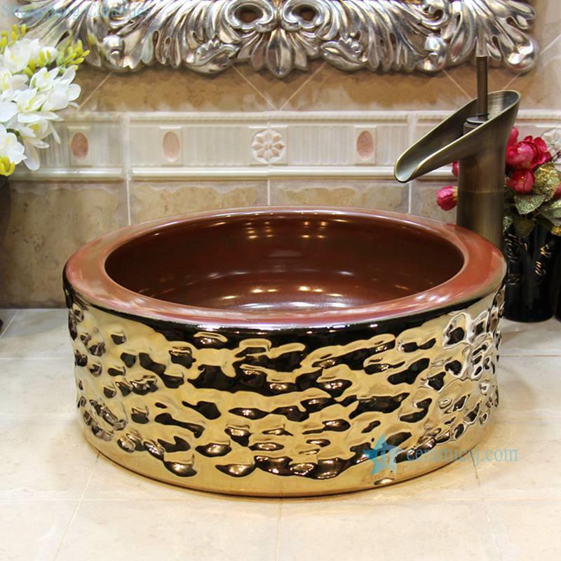 RYXW703-R8013 RYXW703 thicken layer round golden glazed deep chinaware sink - shengjiang  ceramic  factory   porcelain art hand basin wash sink