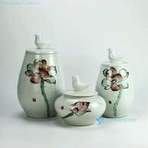 RYZW04 Bird knob earthenware clay material hand paint lotus pattern ceramic jar sets