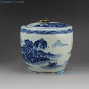 RZCC04 Blue and white metal ring flat lid vintage porcelain jar