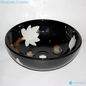 RZCE07-A Shinny black glazed engraving white lotus pattern restaurant pub toilet round ceramic sink basin