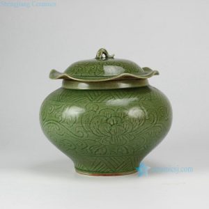 RZDF04 Hand carved underglazed lotus pattern lotus leaf shaped lid green art craft jar