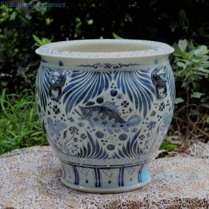 RZFH01-B Hand paint Asian style mandarin fish seaweed pattern lion head handle big clay pots for plants 