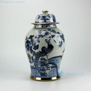 RZFI05-gold Gold plated line hand paint floral bird pattern blue and white ceramic ginger jar furniture 