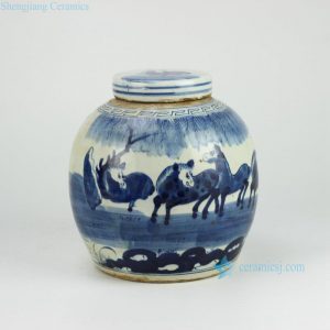 RZFZ01-B Hand paint blue and white horse pattern lidded urn