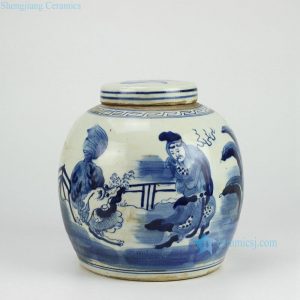 RZFZ01-C Hand paint chinese lion dance pattern round blue and white ceramic container with flat lid