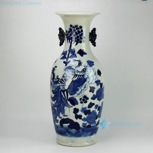 RZFZ04-C Chinese folk art hand paint phoenix flower pattern pair handle blue and white porcelain villa vase