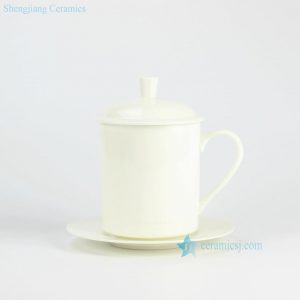 RYDA01 Pure white fine bone China cheap OEM office tea mug with lid and sauce