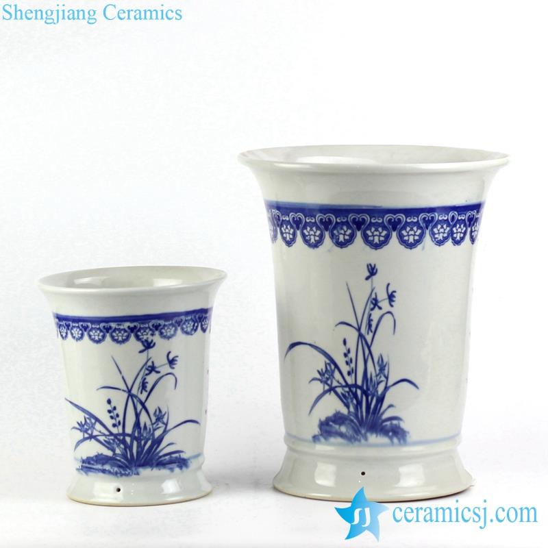pair planters blue and white orchid pattern