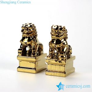 RYXP21-N Chinese traditional lions door guard scaled down version ceramic gold lion figurine