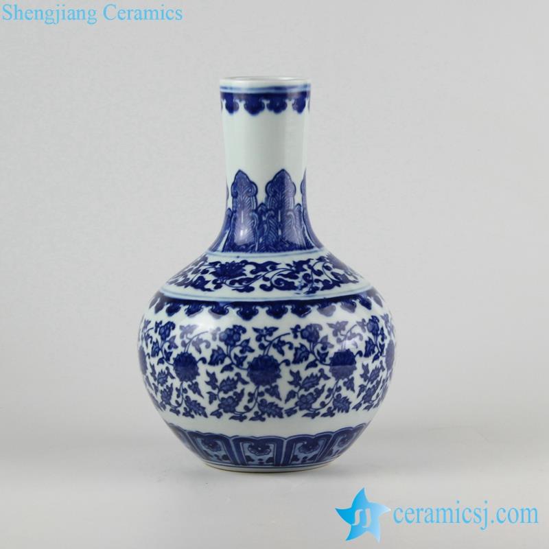 Globular shape belly floral blue and white ceramic vase