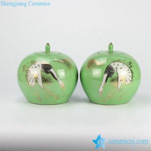 RZJD02-5 Japanese style golden crane pattern ceramic candle lid jar in pairs