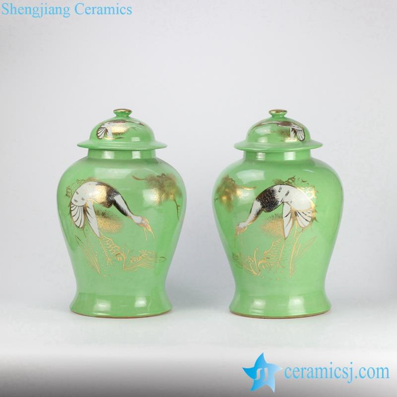  Green mint color golden glided crane pattern China couple ceramic ginger jar