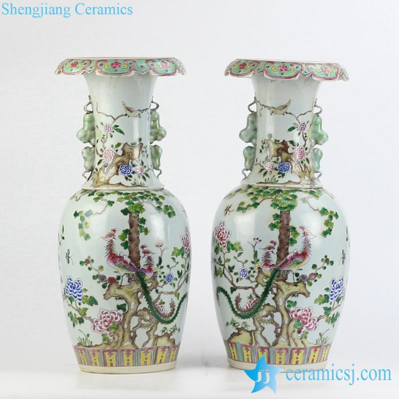 Antique feeling famille rose phoenix floral ceramic pair vase