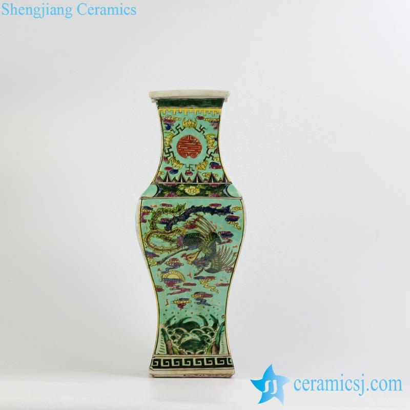 green ground hand paint phoenix pattern ceramic square vase
