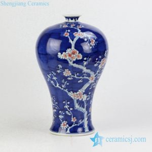 RYWG11 Narrow neck round shoulder blue white hand paint red cherry blossom pattern Mei ping vase