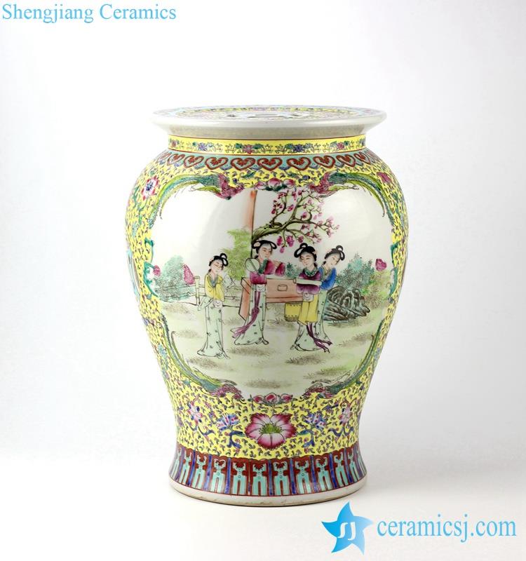 Yellow famille rose ceramic jar with flat cover