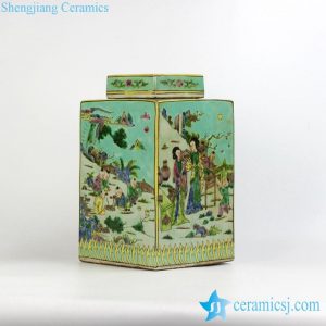 RZJH02 light green ground ancient Chinese lady children pattern square ceramic lidded jar for online shopping