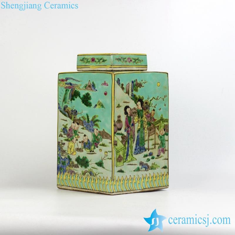  light green ground ancient Chinese lady children pattern square ceramic lidded jar for online shopping